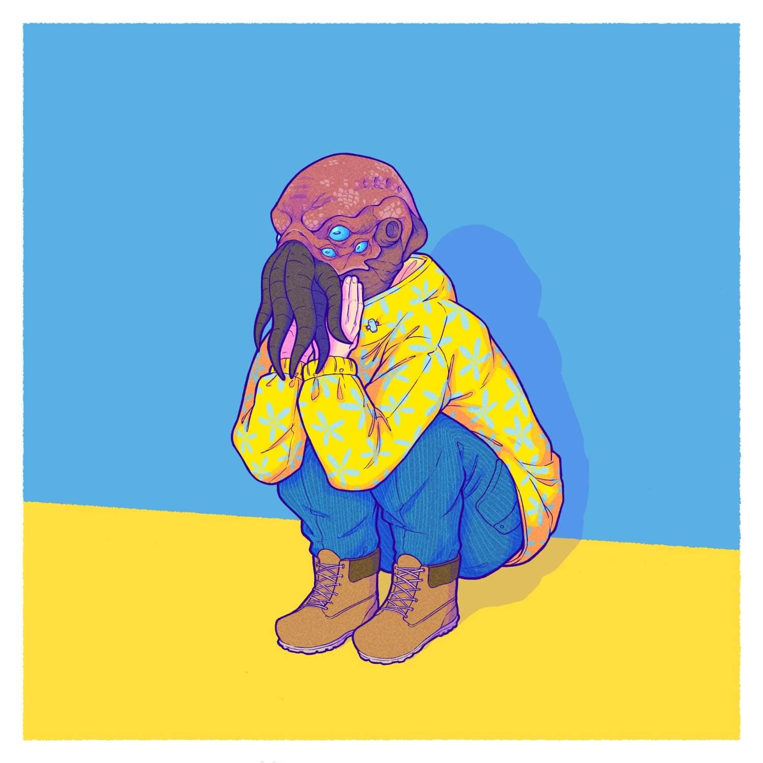 A person with a lovecraftian mask wearing a yellow hoodie and blue pants.