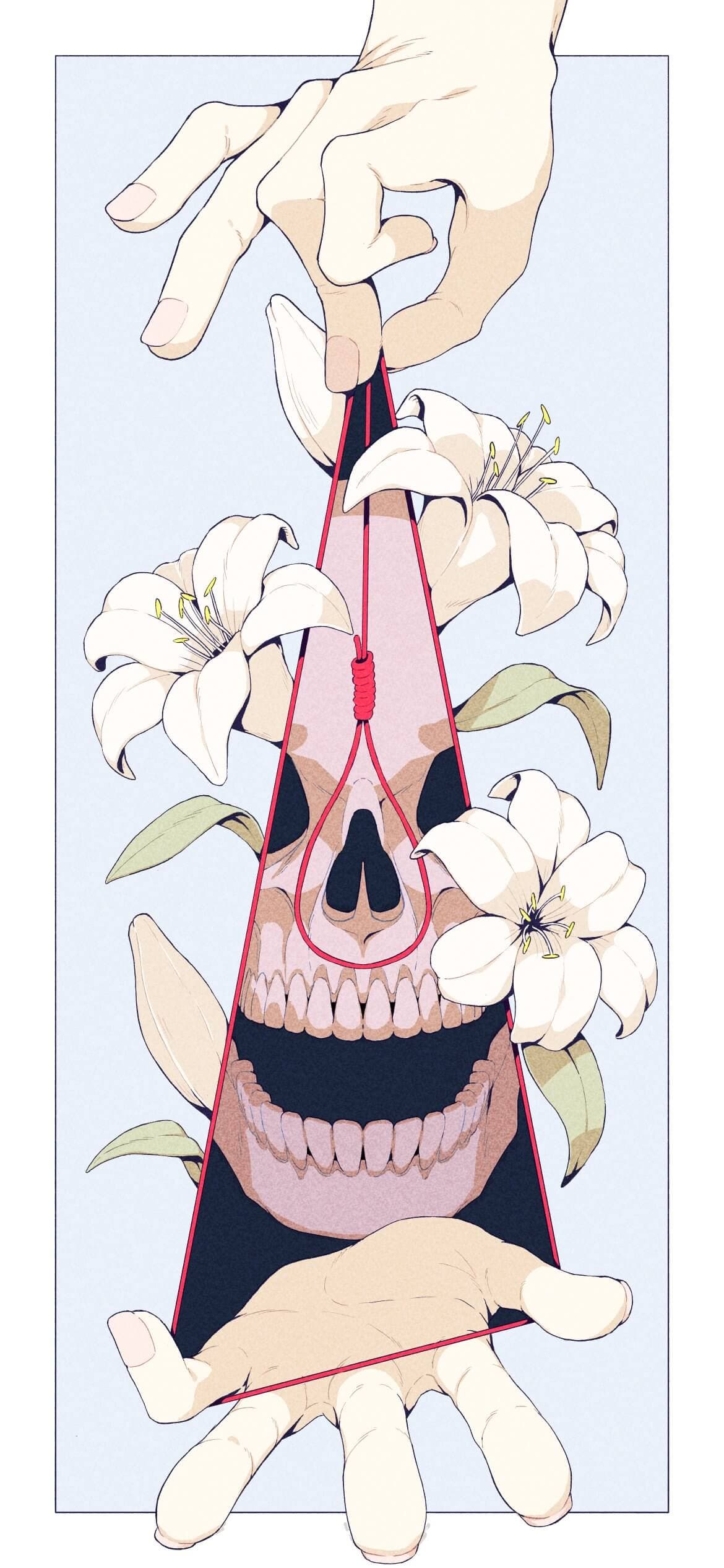 An illustration of two hands holding a red thread in a triangular shape, with a noose in the middle. Surrounding the thread there are 4 white lilies. Inside the triangle, there is a pink-ish skull.