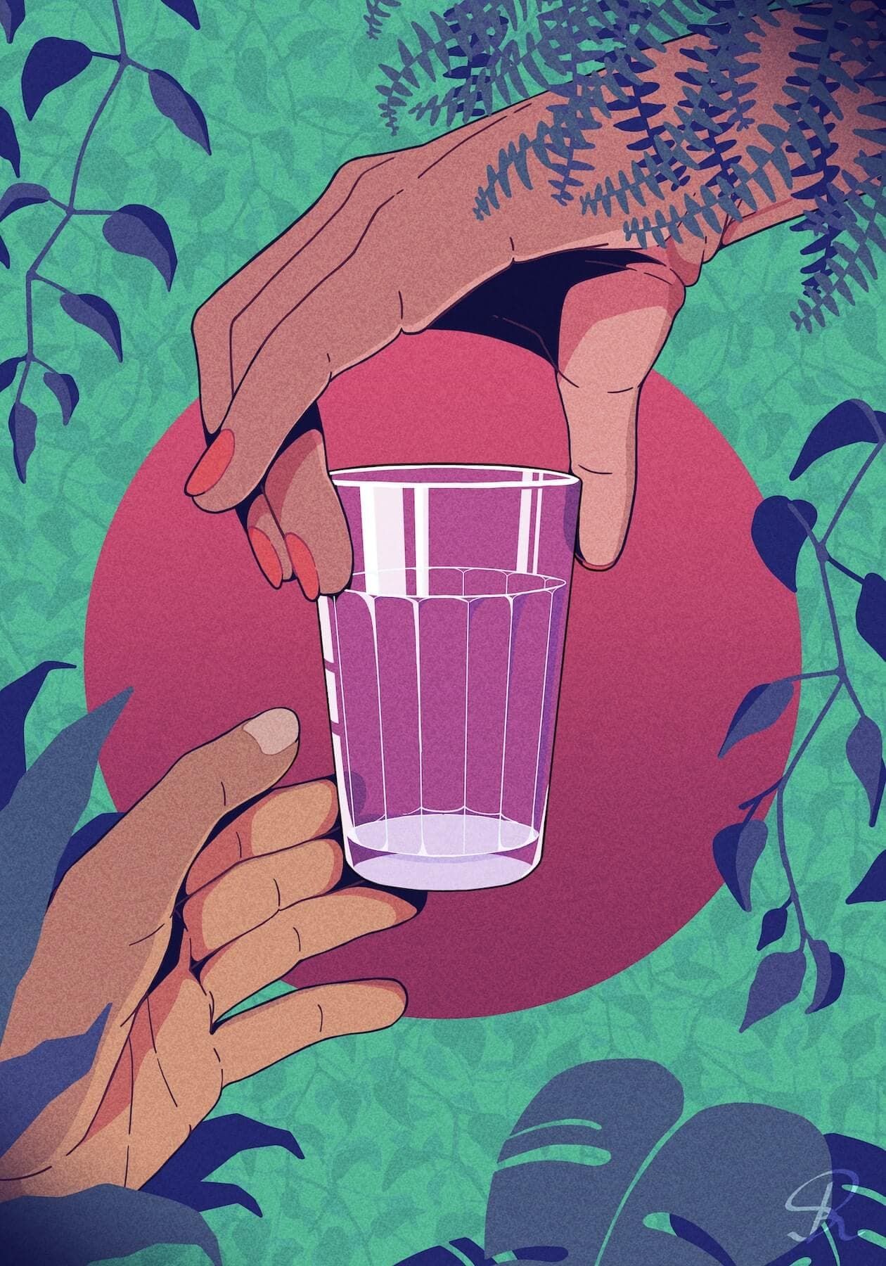 An illustration of one hand tenderly passing a small glass cup to the other. Plants cover the edges of the illustration, and a bright burgundy circle sits at the back, giving contrast to the rest of the piece.