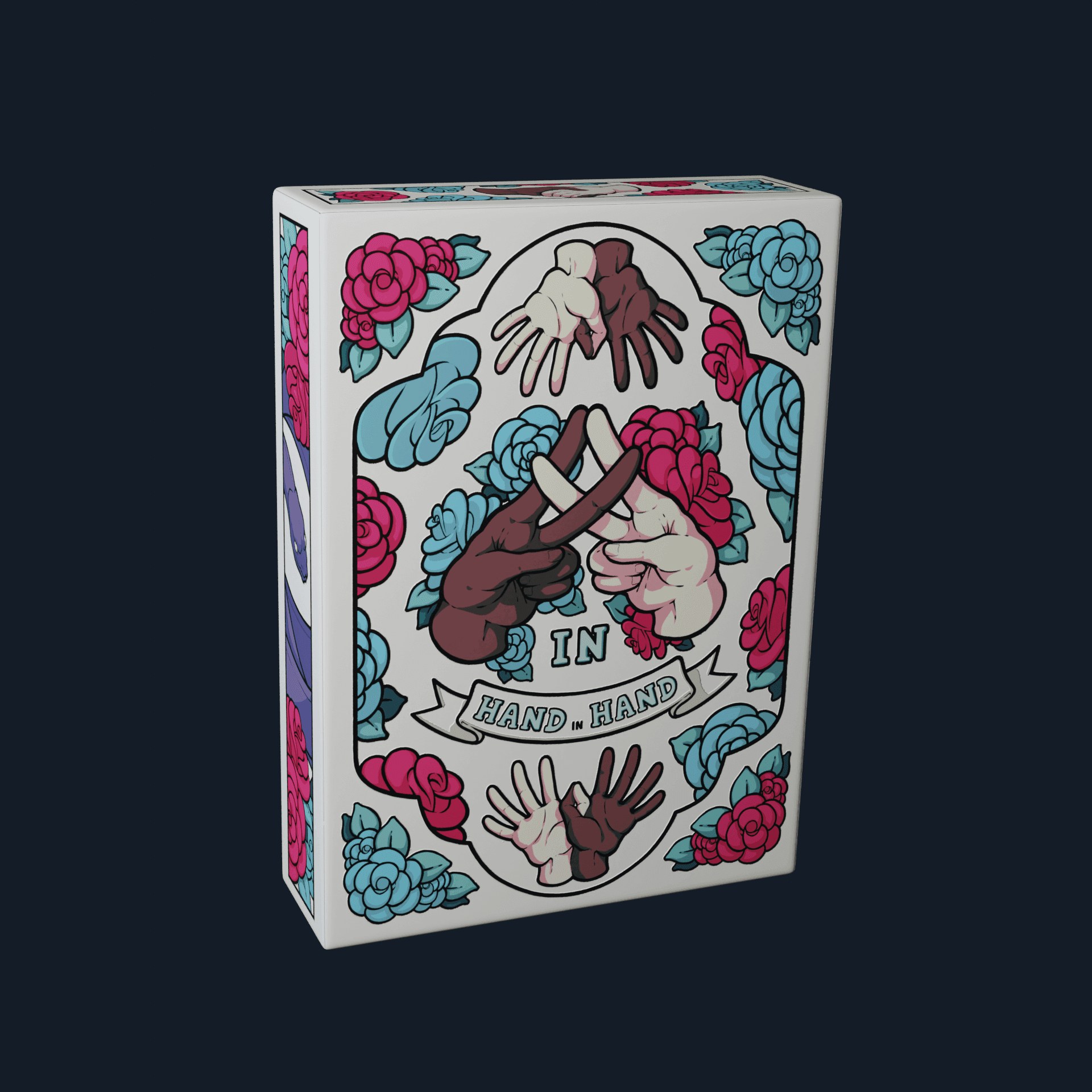 A 3D model of a box of playing cards with "Hand in Hand" writen on it. Around it, various illustrations of hands, flowers and snakes.